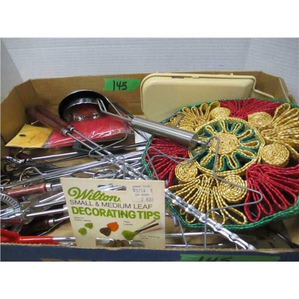 ESTATE:  FLAT C/W ASSORTED UTENSILS, TRIVETS, DECORATING TIPS, ETC