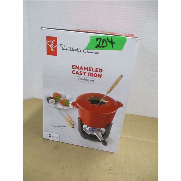 ESTATE:  CAST IRON ENAMELED FONDUE SET IN ORIGINAL BOX