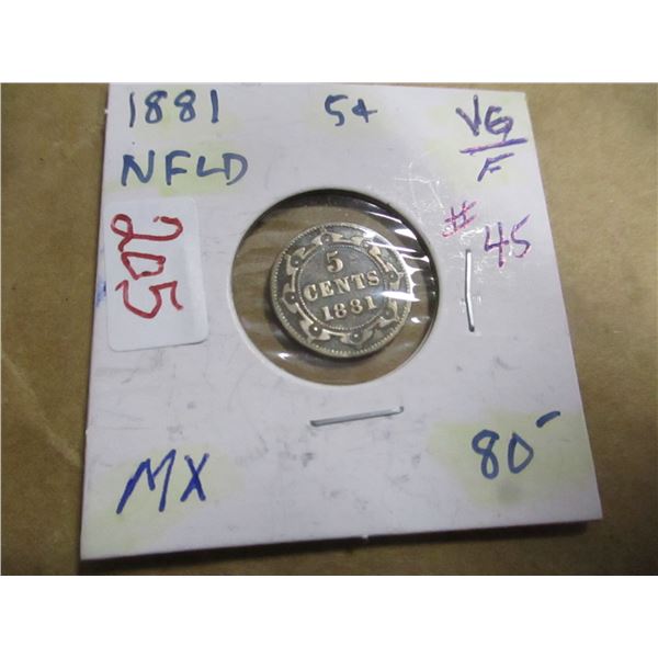 1881 VG/F NEWFOUNDLAND VICTORIAN SILVER FIVE CENT