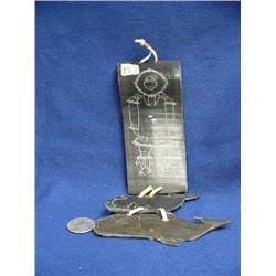 Scrimshawed baleen wall hanging with Eskimo dancer and whales (2)