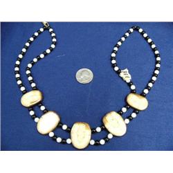 Fabulous fossilized ivory and glass bead necklace - ivory carved with flowers (2)