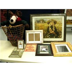 Soft sculpture moose, picture of little girl, picture frames, basket - of willow and deer hide (246)