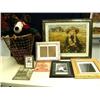Image 1 : Soft sculpture moose, picture of little girl, picture frames, basket - of willow and deer hide (246)