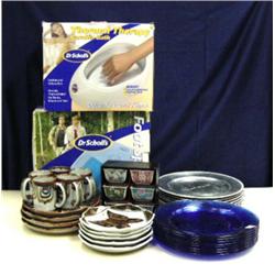 Lot of cobalt blue dinner plates with silver under plates, set of 6 Japanese soup bowls, thermal the