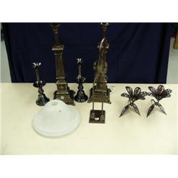 Pair of lamps and 2 pairs of metal candle sticks and metal cormorant (8888)