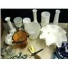 Image 10 : Lot of stuffed toys, giraffe, assorted hand towels, milk glass and wicker basket, napkin rings, plat