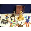 Image 4 : Lot of stuffed toys, giraffe, assorted hand towels, milk glass and wicker basket, napkin rings, plat