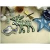 Image 8 : Lot of stuffed toys, giraffe, assorted hand towels, milk glass and wicker basket, napkin rings, plat