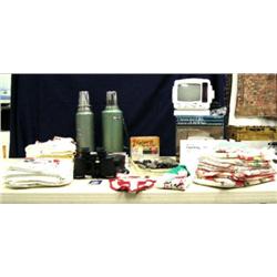 Lot of old linen, 2 thermoses, 5" television for car, huge lot of scissors (241)