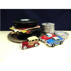 Lot of old 45 records, silver plated platter, sealing rings, antique cars (2)