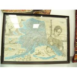 Large map of Alaska with polar bear, Eskimo girl, drill rig, airplane, etc. 36"x49" frame size (241)