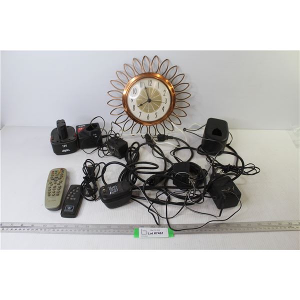 Electric Westclox Clock (not working) - 12v Skil-Saw Battery w/Charger - Power Cords - (2) Remotes