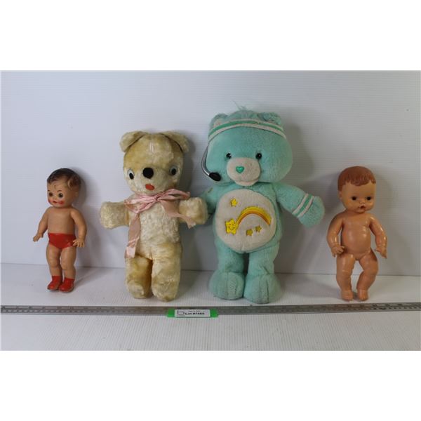 (2) Vintage Rubber Dolls (Rice Roy & Regal) - (2) Stuffed Bears (Care Bear)