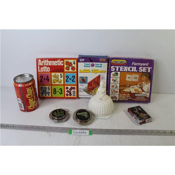 Games - Stencil Set - (2) Belt Buckles - Cards - Chupa-Chups Stash Can - Vintage Ladies Make-Up Hold