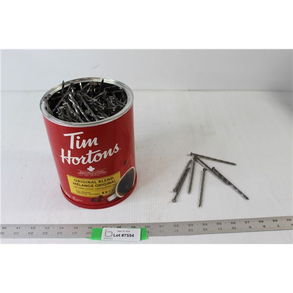 10lbs of 4" Spiral Nails in a Tim Hortons Coffee Tin