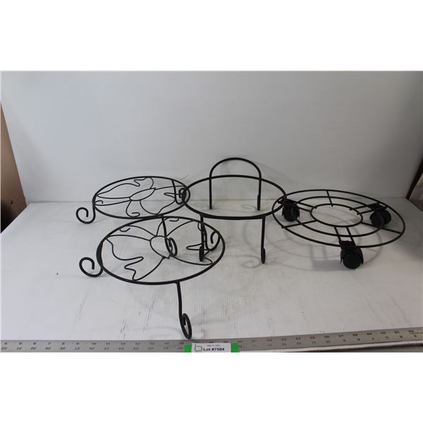 (4) Black Metal Plant Stands - One with Wheels