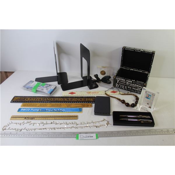Lidded Box - (2) Bookends - Rulers - (2) Necklaces - Pen Set - Misc. Items