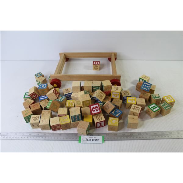 Wooden Number/Alphabet Blocks w/Cart (cart missing bottom)