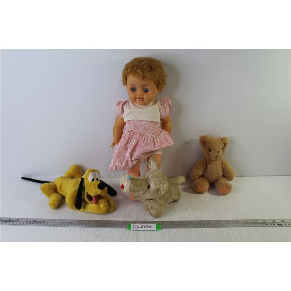 Plastic Doll w/Blinking Eyes - (3) Stuffed Animals
