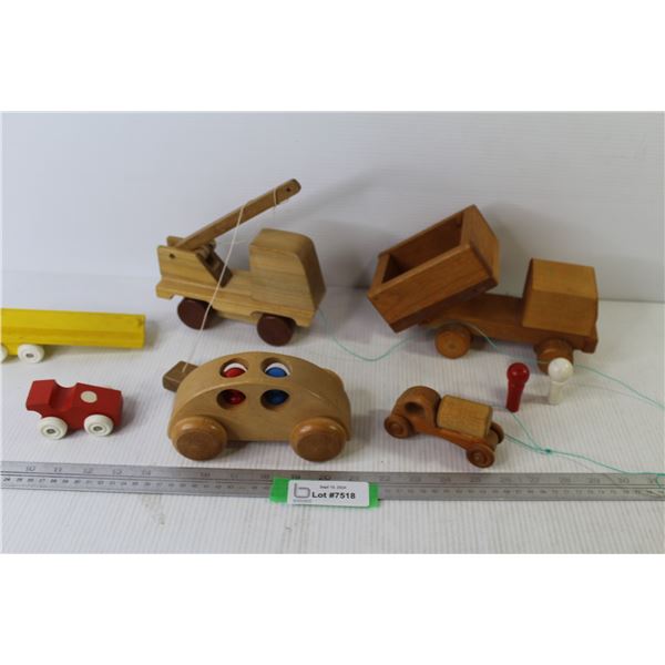 (5) Carved Wooden Toy Vehicles - (1) Wooden Trailer