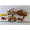 Image 1 : (5) Carved Wooden Toy Vehicles - (1) Wooden Trailer