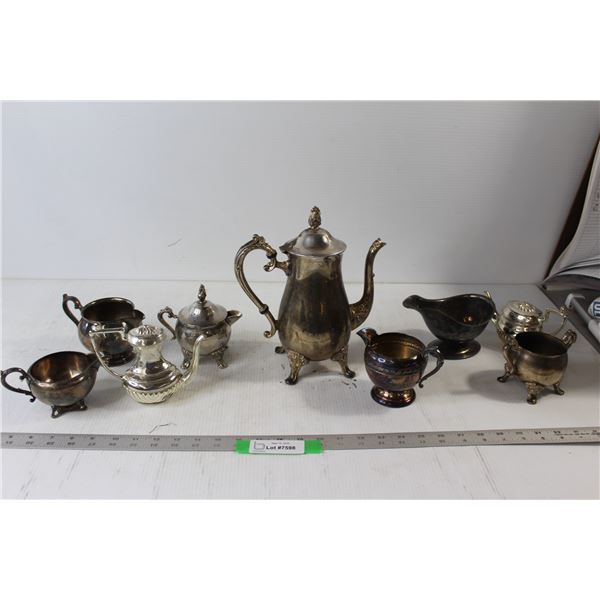 (7) Silver Plated Coffee Pot, Cream Cups, Sugar Bowl