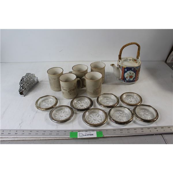 (8) Glass Coasters, Ceramic Teapot, (5) Collection Manoir Mugs, Napkin Holder