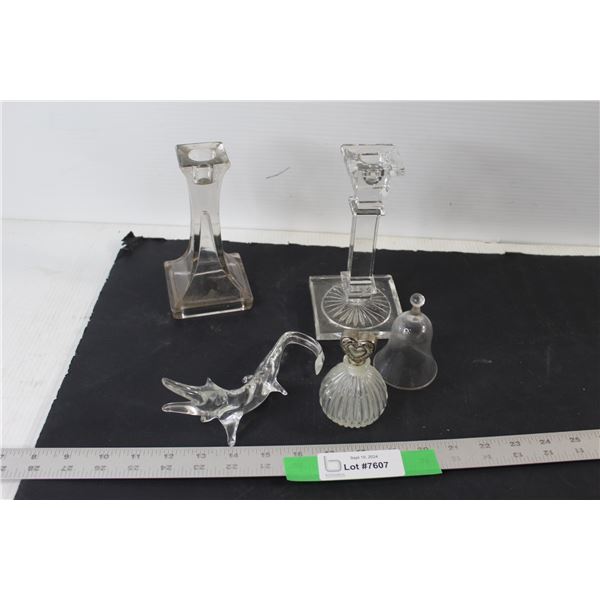 Small Glass Perfume Bottle, Glass Crocodile, (2) Glass Candle Holders
