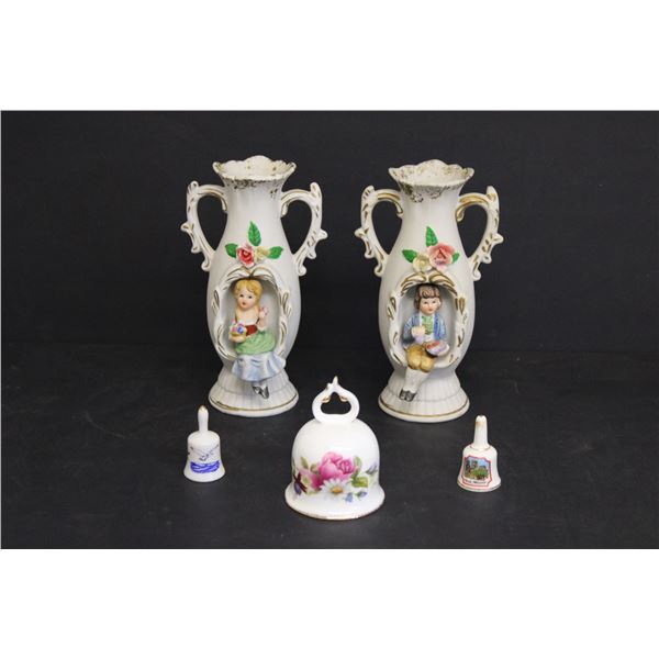 (2) Porcelain Figurine Vases, (3) Porcelain Bells