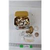 Assorted Seashells, Floral Decorated Tin, Costume Jewelry Piece