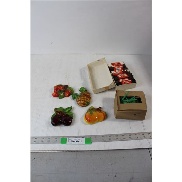 (4) Chalkware Fruits - Pineapple, Peaches, Cherries, Strawberries, Assorted Shoelaces, Assorted Gre