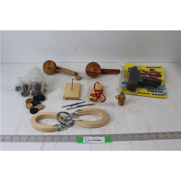 Mini Uzi Water Pistol, (2) Spinning Tops Handcrafted By John Jensy, Checkers Pieces, Mini Wooden Jug