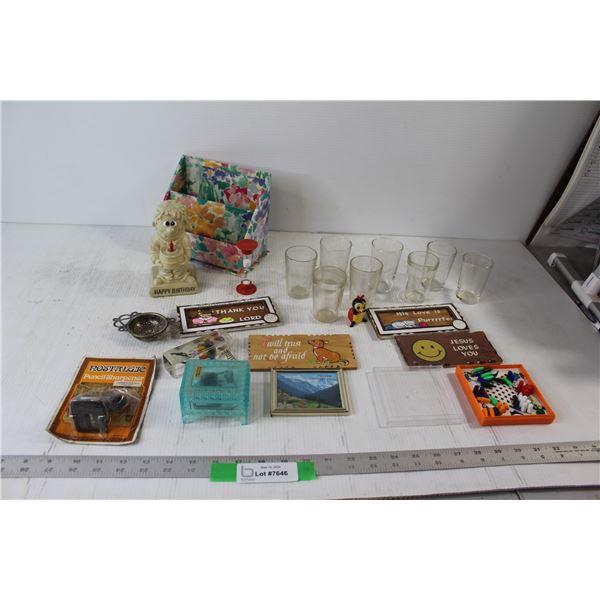 (8) Juice Glasses, (4) Wooden Signs, Chinese Checkers, Music Box, Happy Birthday Statue, Small Organ