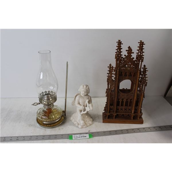 Kerosene Lamp, Wooden Structure, Ceramic Angel Statue