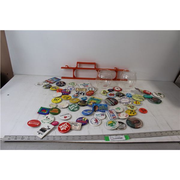Assorted Button Pins, Coleman Lamp Chimneys, Extension Cord Holder