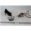 Toy Iron - Tested Does Not Work, Small Metal Basket, Small Porcelain Heels
