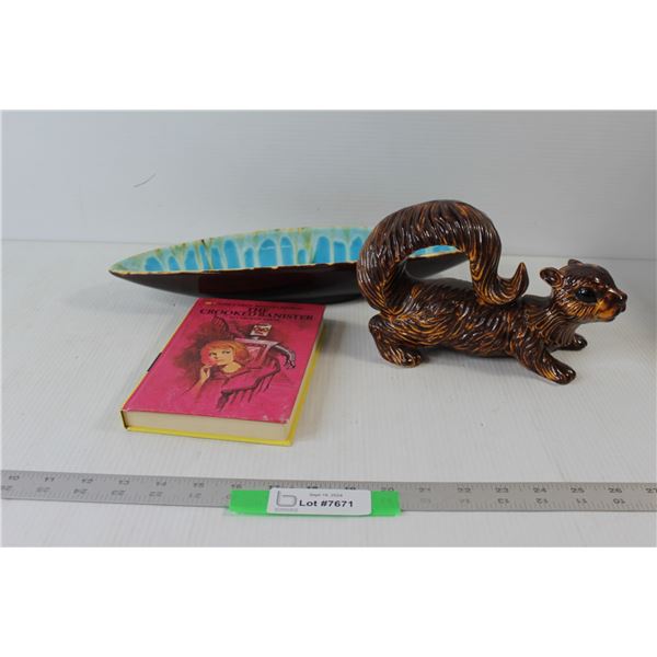 Mid Century Oval Dish, Ceramic Squirrel Figurine, Nancy Drew The Crooked Banister Book