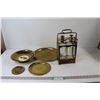 (2) Glass Liquor Bottles and Holder, (4) Brass Dishes/Trays