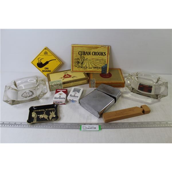 (2) Glass Ashtrays - Metal Wyoming Ashtray - Cigar Boxes - Wooden Whistle - Large Supreme Metal Ligh