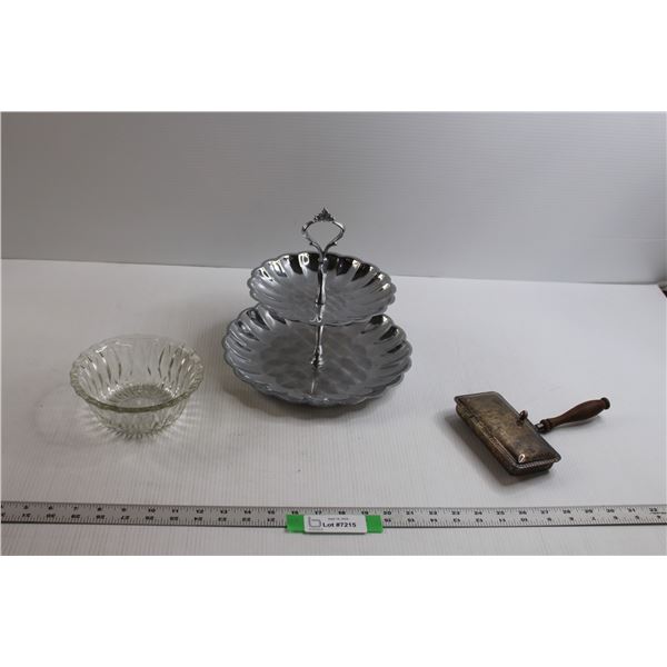 Two Tier Serving Tray, Candy Dish & Silver Plated Crumb Brush