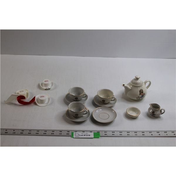 Vintage Tea Set (Missing One Cup) & (3) Calgary Stampede Pins