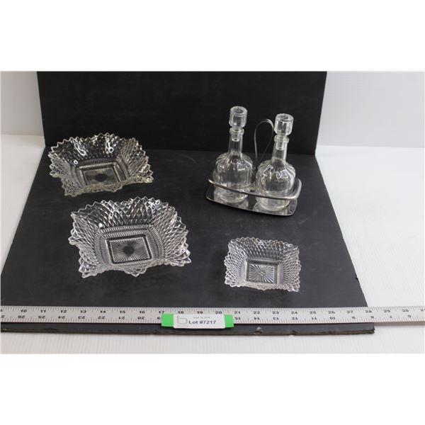 Oil/Vinegar Bottles w/Stand & (3) Candy Dishes