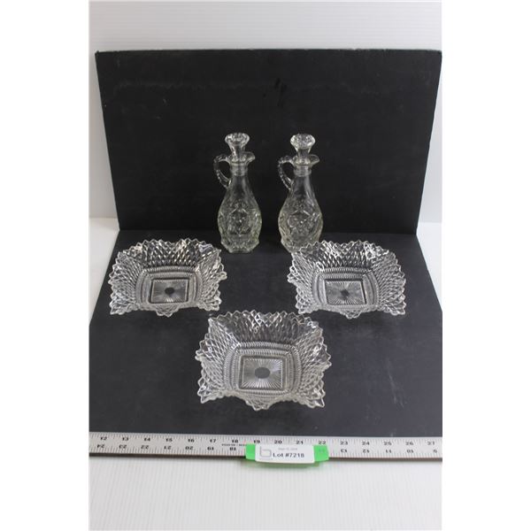 Oil/Vinegar Bottles & (3) Candy Dishes