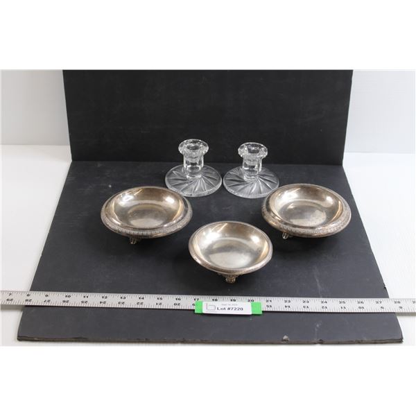 (3) Silver Plated Footed Dishes & (2) Crystal Candle Holders