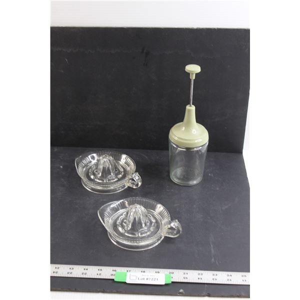 (2) Glass Juicers & Vintage Food Chopping Device