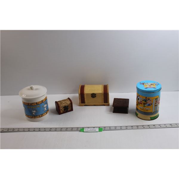 (3) Wooden Trinket Boxes, Peanuts Cookie Jar & Looney Tunes Tin