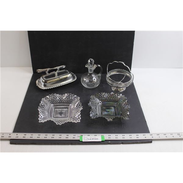 Butter Dish, (2) Glass Candy Dishes, Oil/Vinegar Bottle & Chrome Stand