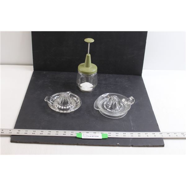 (2) Glass Juicers & Vintage Food Chopping Device