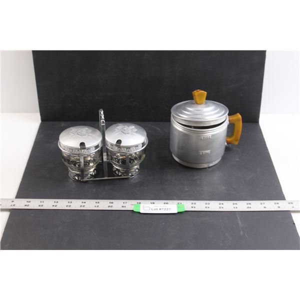 Vintage Aluminium Coffee Maker (Incomplete) & Sugar/Coffee Mate Dishes w/Stand