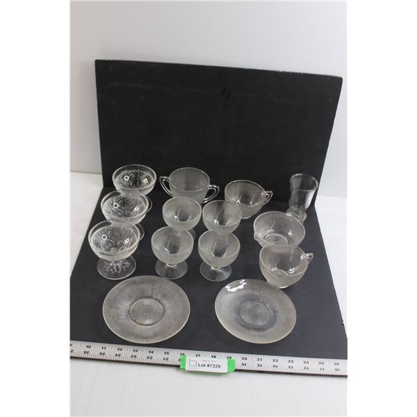 (3) Sandwich Pattern Sherbert Dishes and (10) Saguenay Pattern Dishes